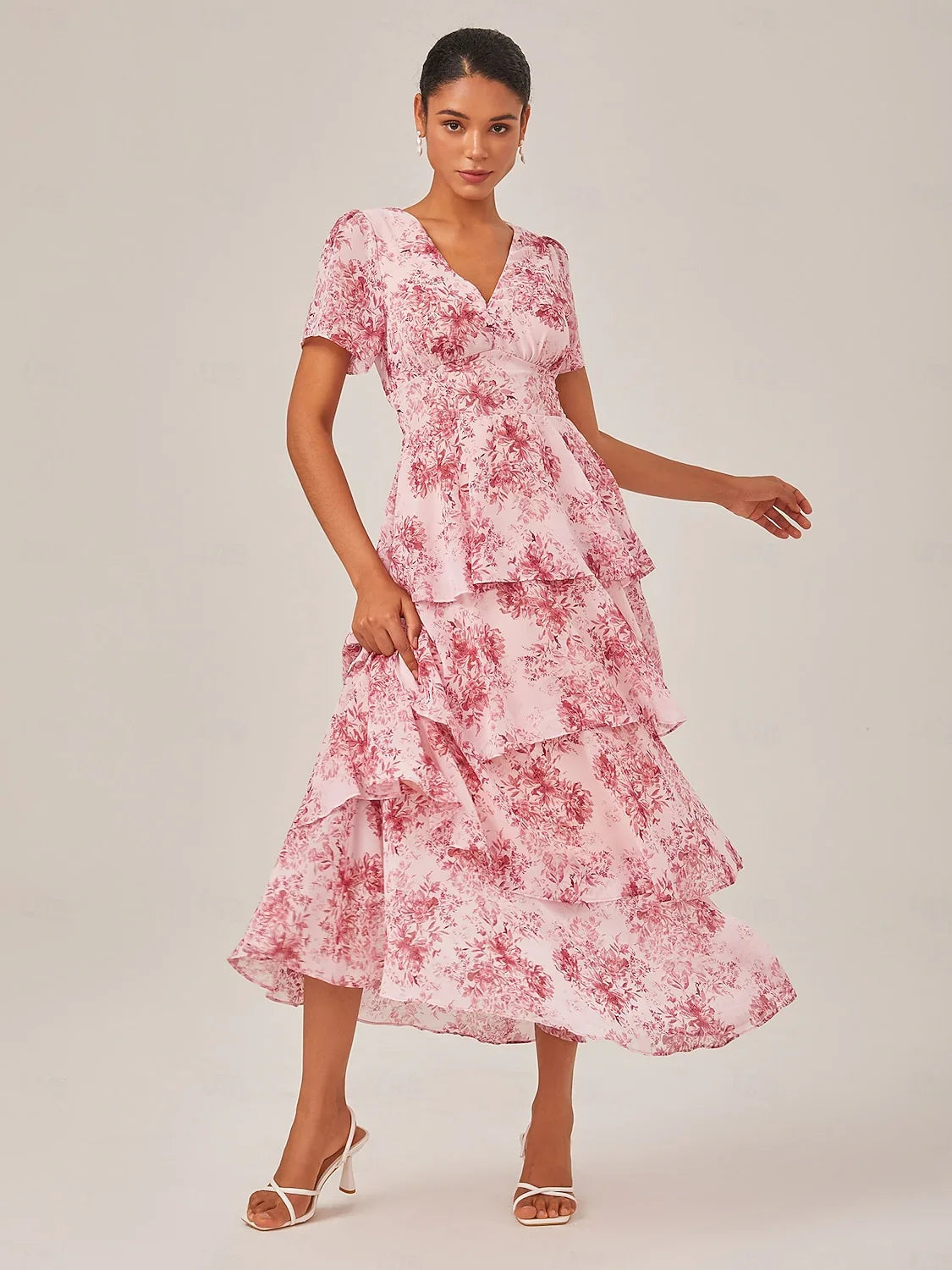 Abstract Floral Ruffle Chiffon Maxi Dress