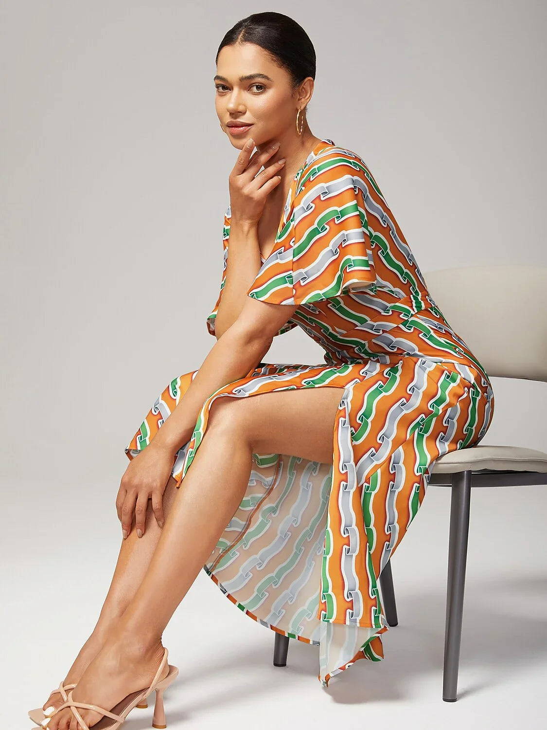 V-Neck Side Slit Ripple Print Dress