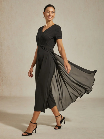 Paneled Design Faux Flowy Sheer Stretch Fabric Jumpsuit