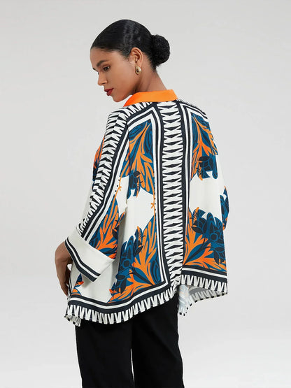 Satin Ethnic Print Block Printing Collar Shirt