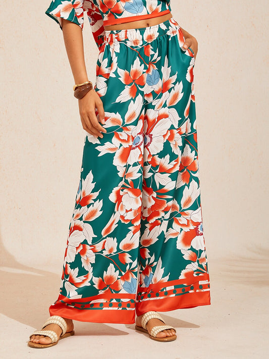 Deep Green Hibiscus Silky Satin Wide Leg Pants