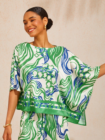 Pastel Floral Garden Silky Satin Dolman Batwing Top