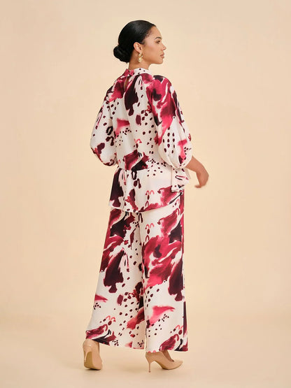 Burgundy Abstract Print Elastic Gathered Wide-Leg Pants