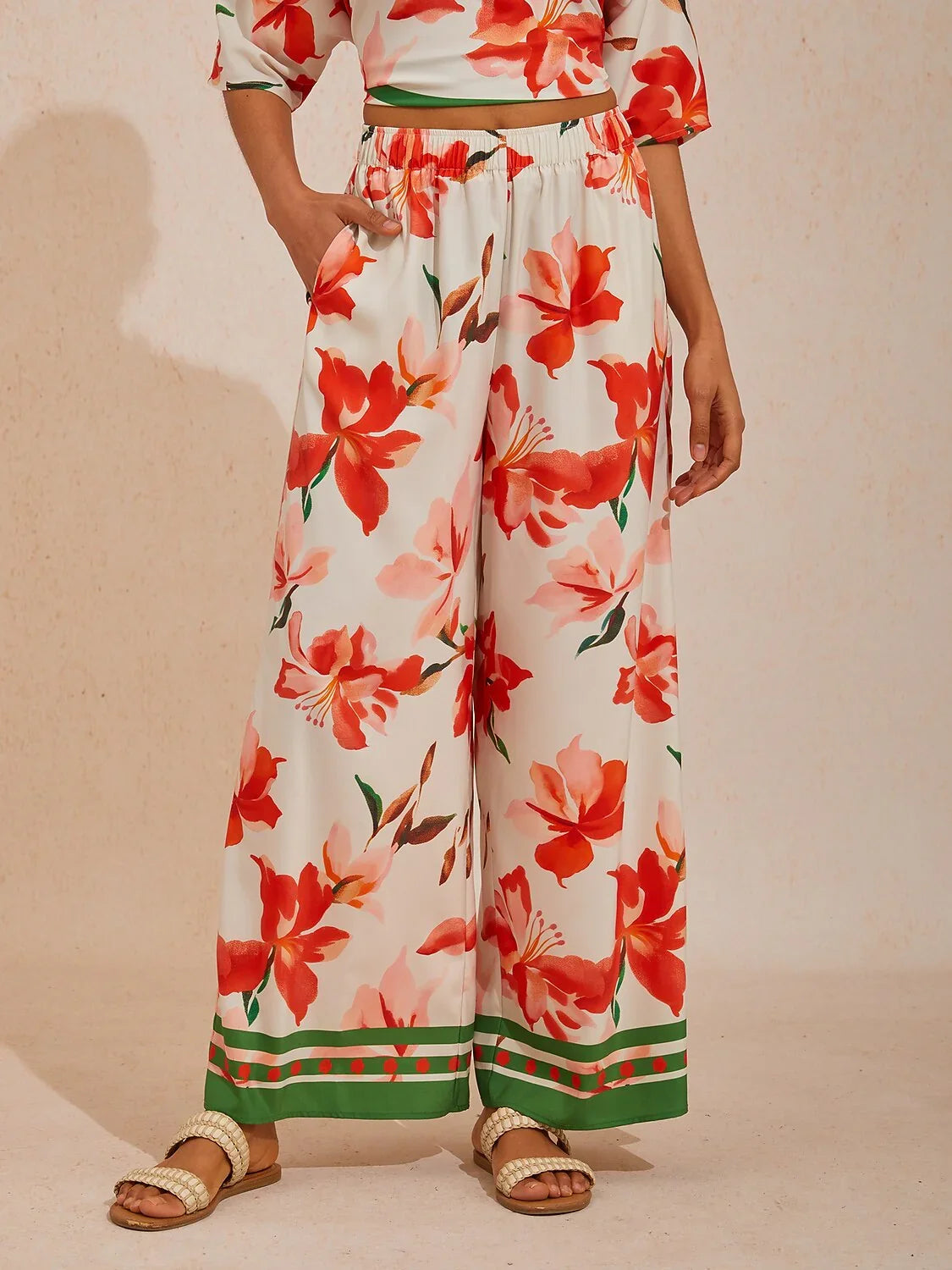 Spring Blooms Silky Satin Wide Leg Pants