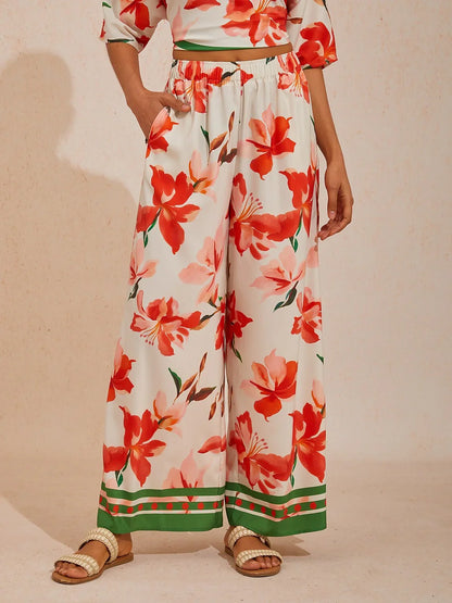 Spring Blooms Silky Satin Wide Leg Pants