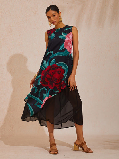Maxikleid aus fließendem Chiffon „Emerald Rose Garden“