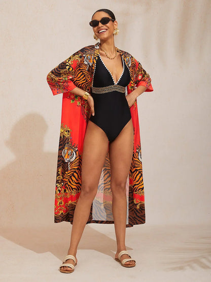 Scarlet Tigress Silky Satin Straight Maxi Cover Up