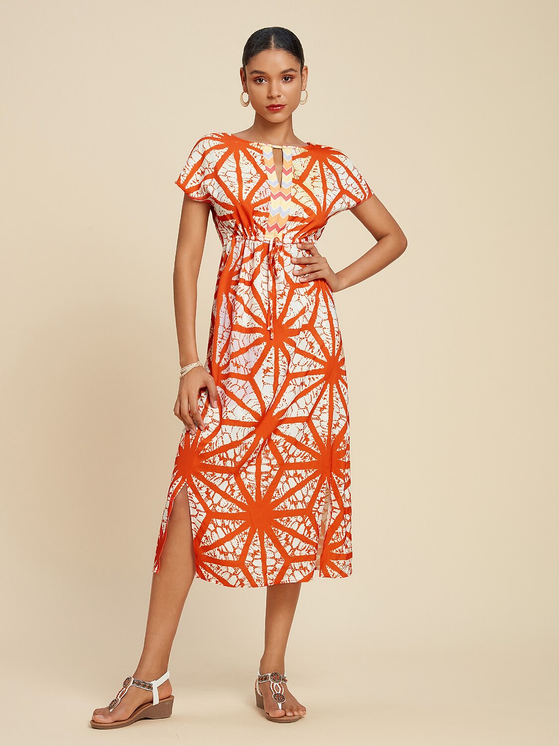 Robe midi en satin style folk à cordon de serrage et fente