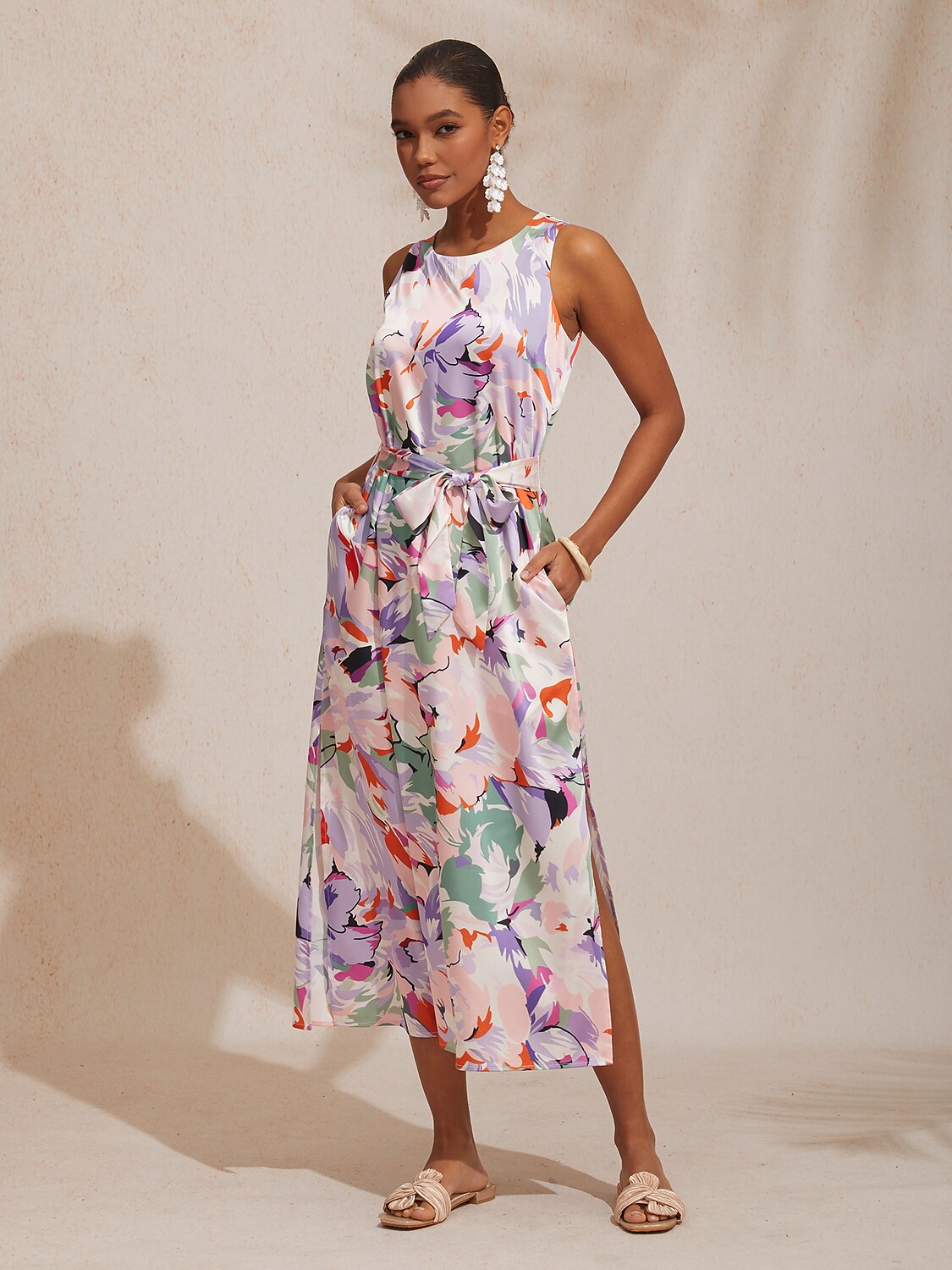 Vacation Geometric Color Block Print Straight Fit Satin Maxi Dress