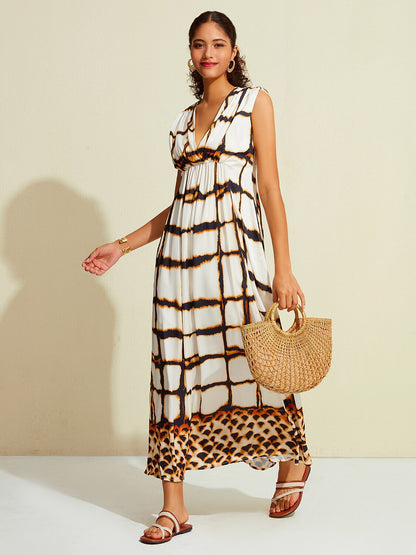 Satin Leopard Print Cross Front Sleeveless Maxi Dress