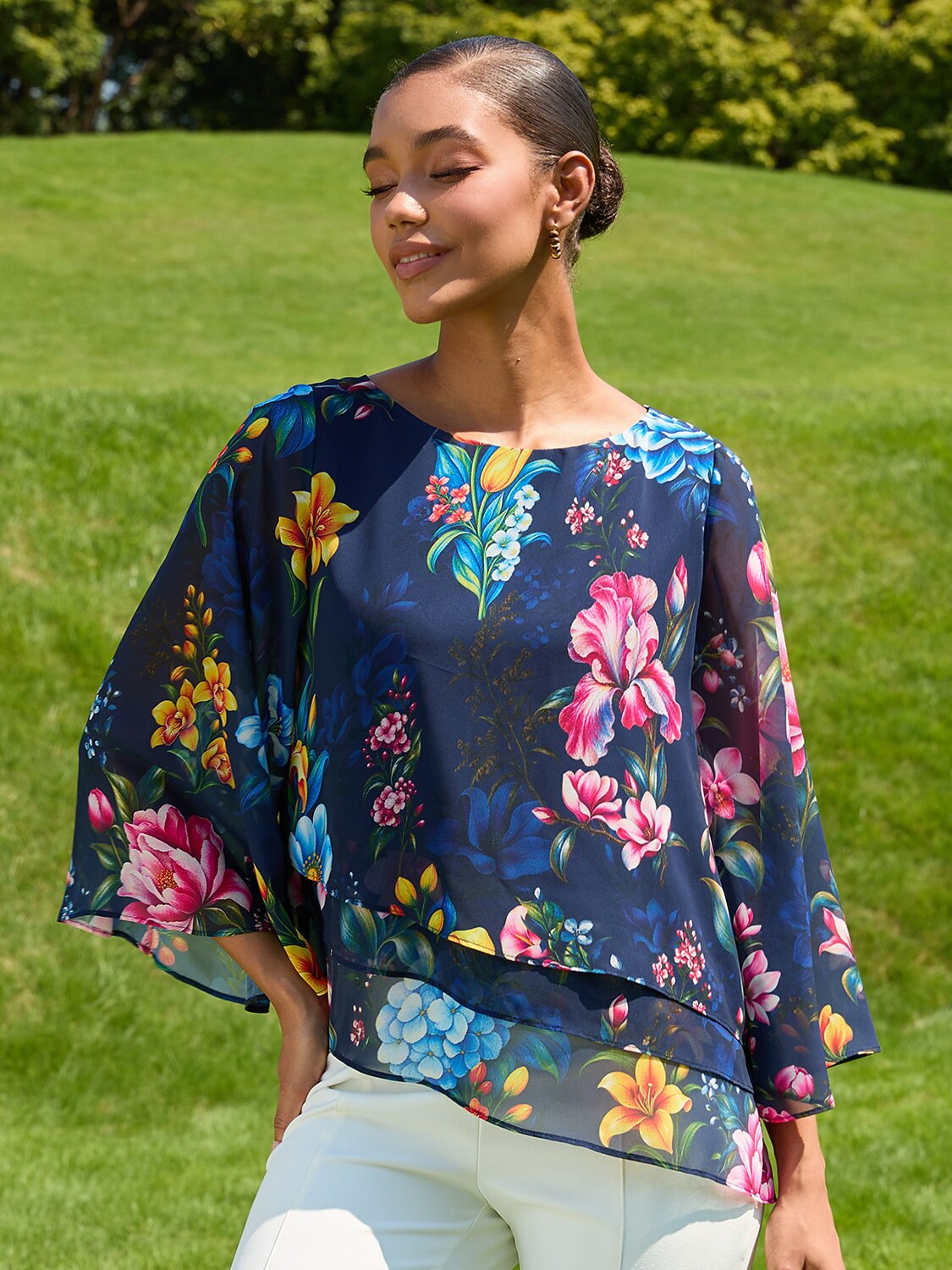 Sapphire Rose Garden Flowy Chiffon Layered Blouse