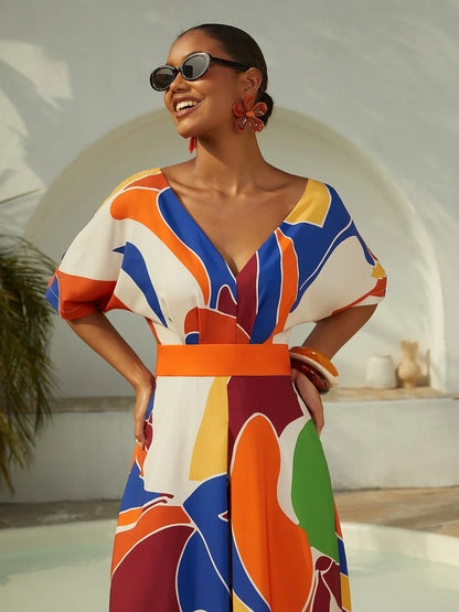 Vacation Geometric Color Block Print Satin Maxi Dress