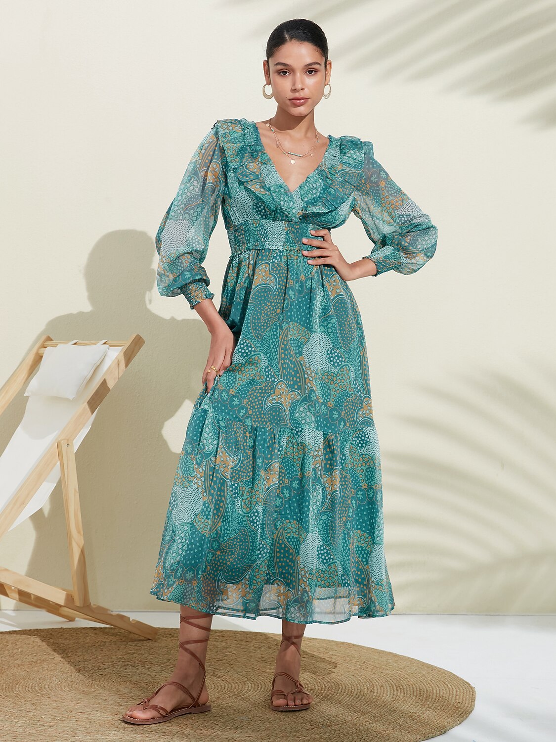 Floral Chiffon Tropical Flowers Puff  Sleeve Maxi Dress