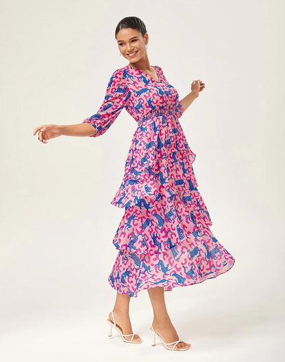 Pink Leopard Chiffon Cinched Peplum Dress