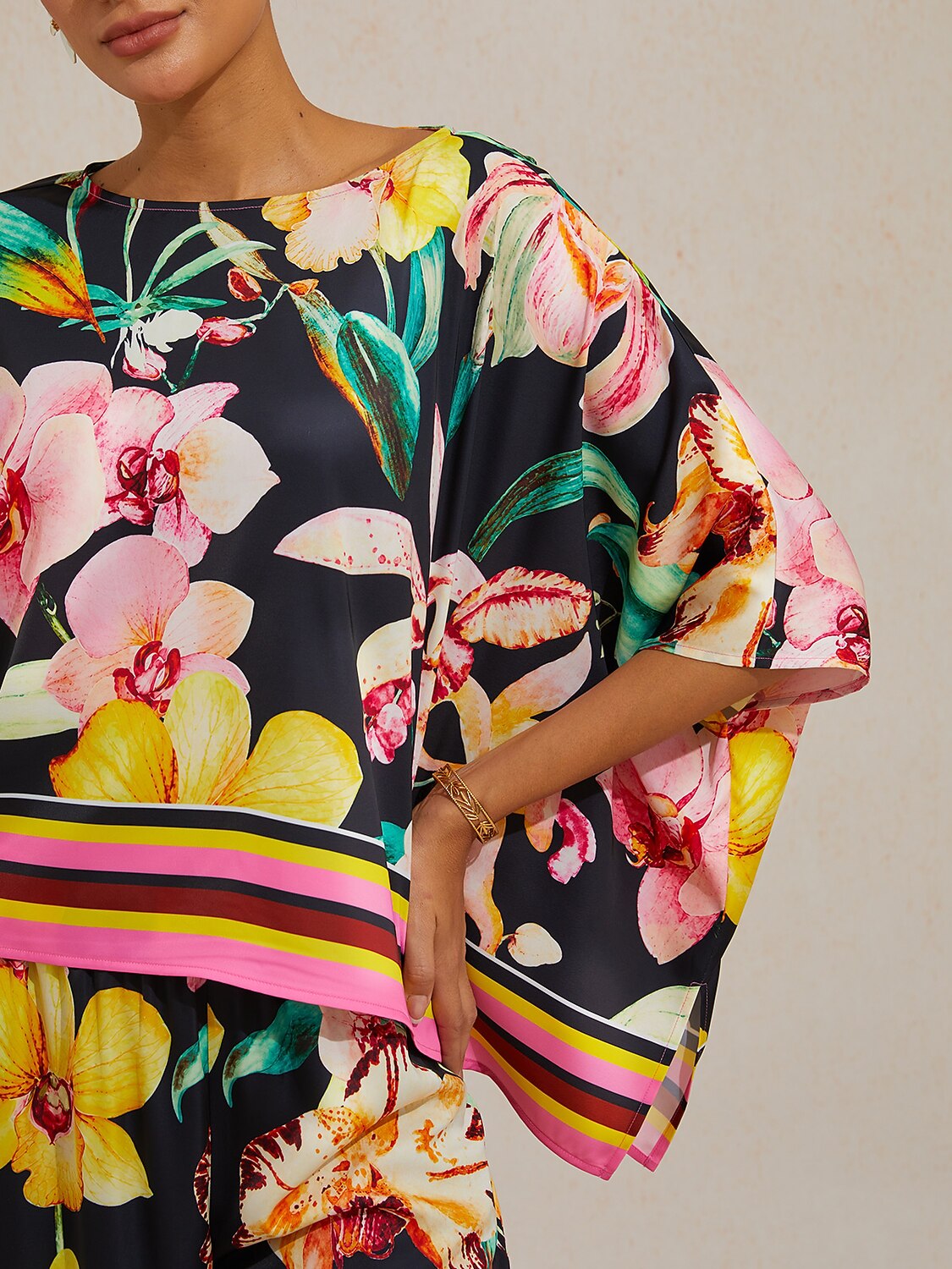 Midnight Floral Carnival Silky Satin Dolman Sleeve Top