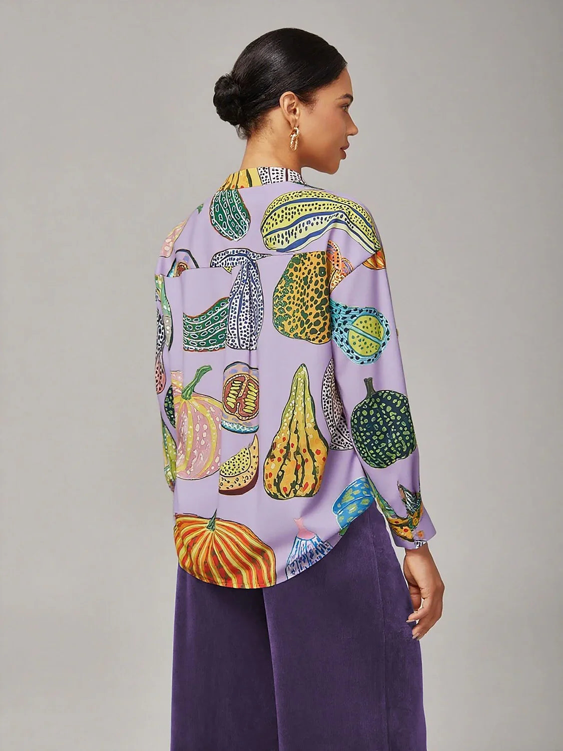 Pumpkin Print Stand Collar Pleated Shirt