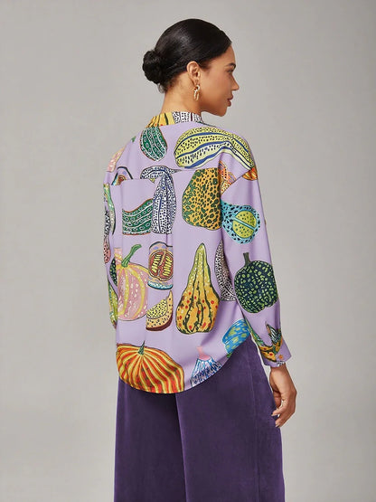 Pumpkin Print Stand Collar Pleated Shirt
