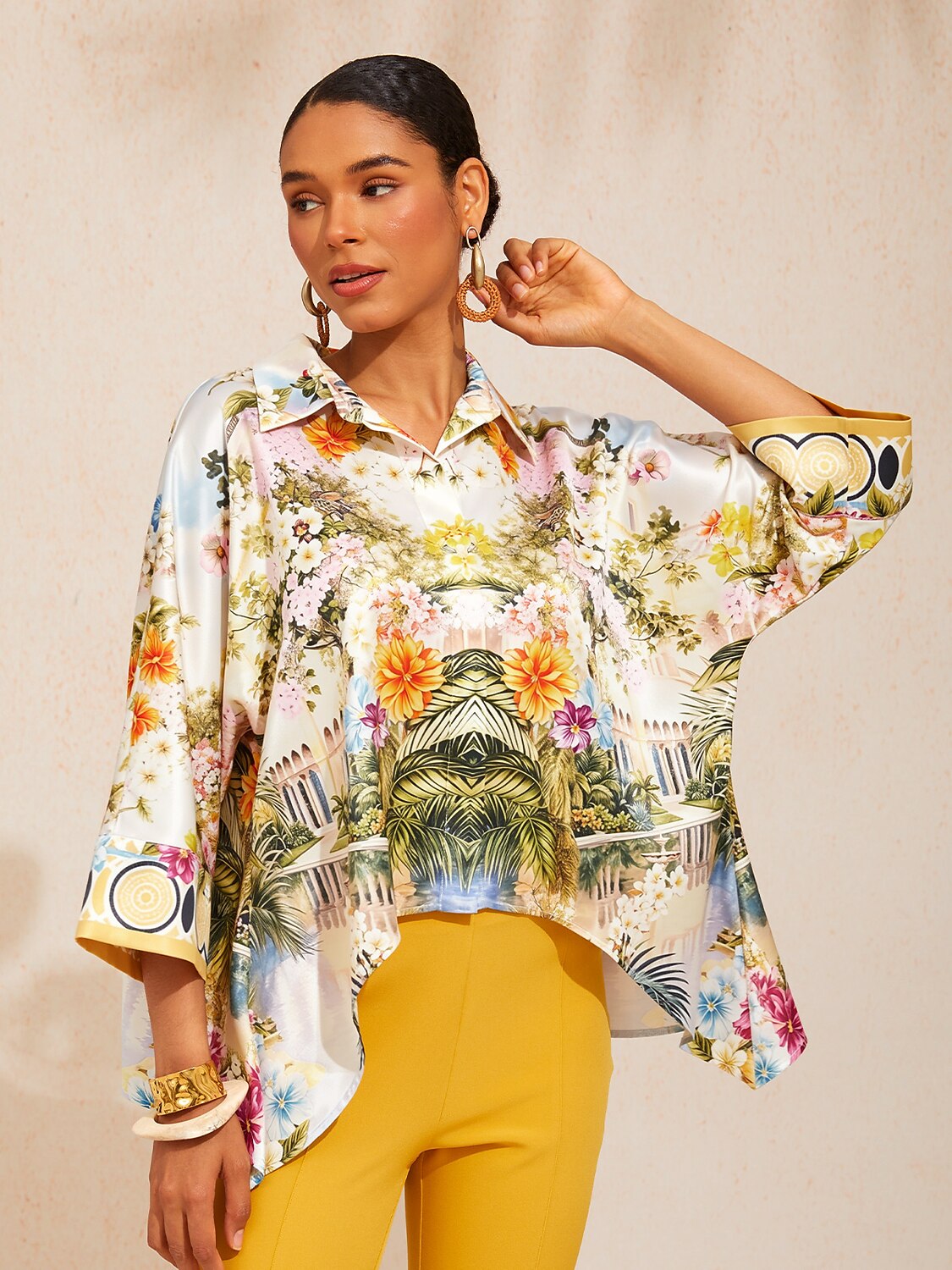 Pastel Floral Garden Satin Dolman Sleeve Top