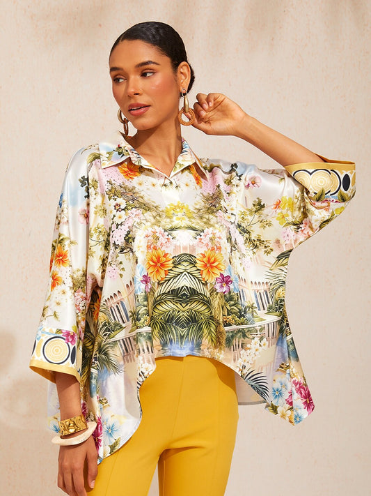 Pastel Floral Garden Satin Dolman Sleeve Top