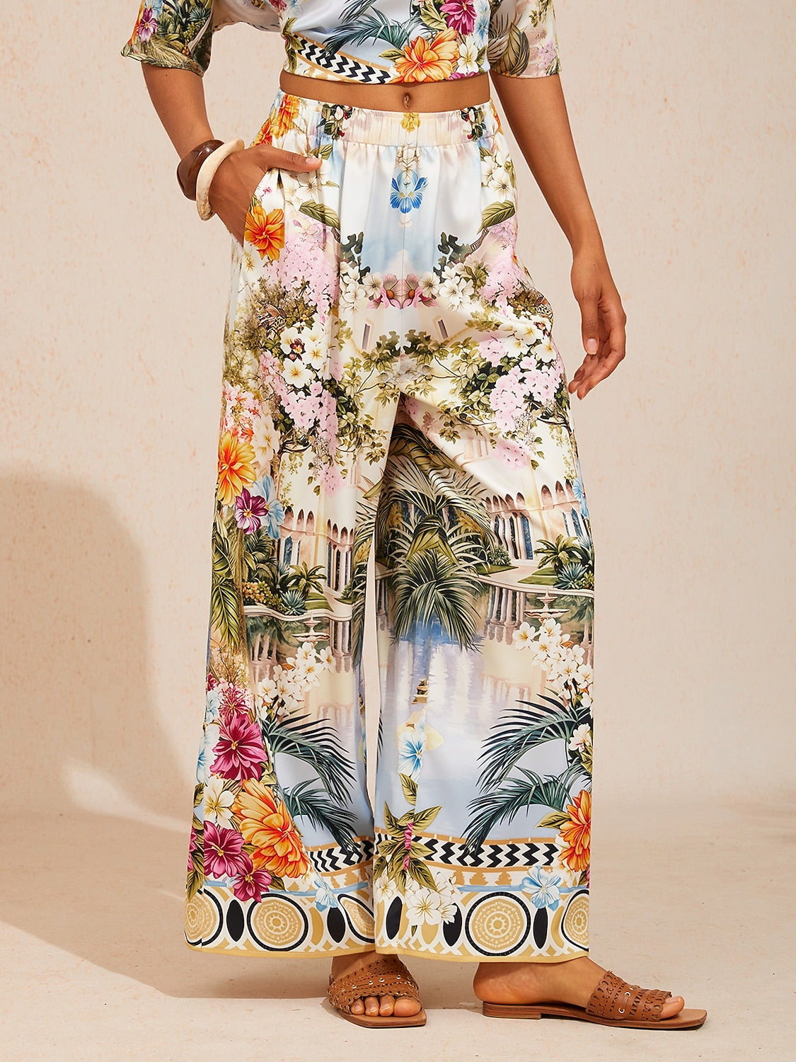 Pastel Floral Garden  Satin Wide Leg Pants