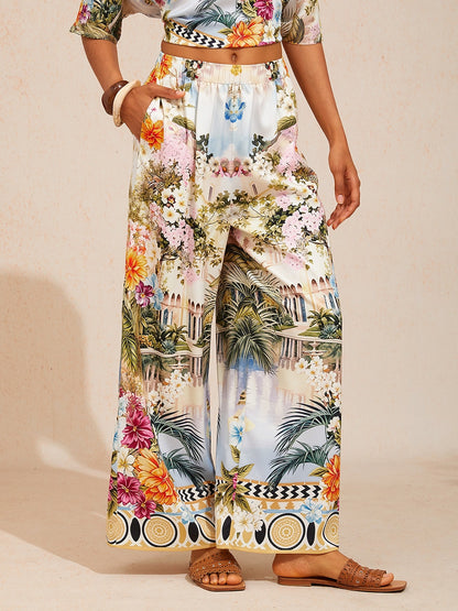 Pastel Floral Garden  Satin Wide Leg Pants