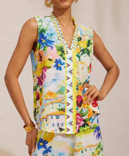 Holiday Citrus Garden Airy Linen Look Sleeveless Top