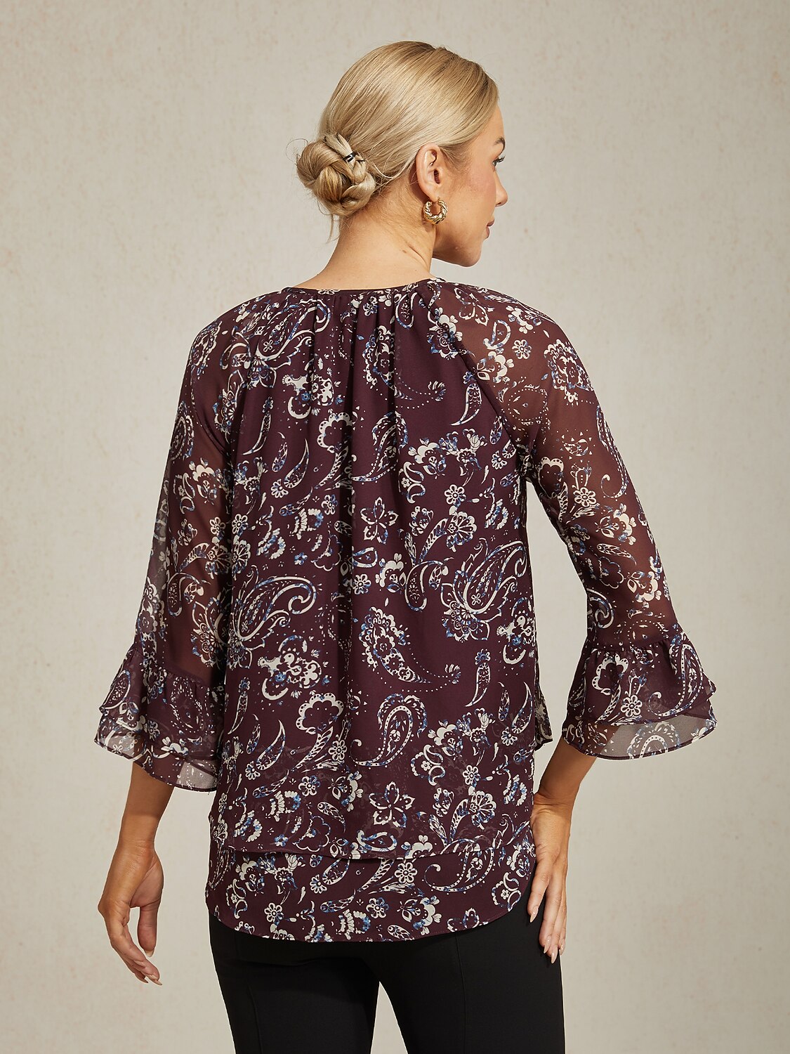 Wine Floral Print Layered Chiffon Blouse
