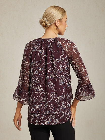 Wine Floral Print Layered Chiffon Blouse
