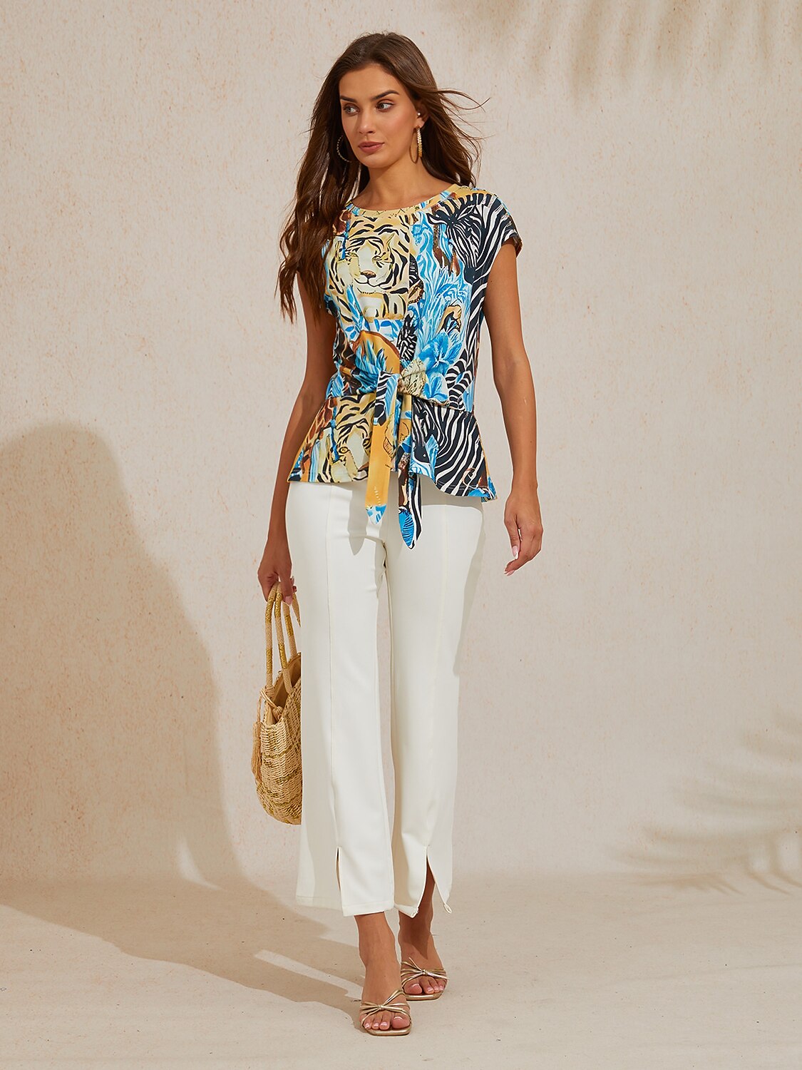 Sapphire Zebra Bloom Cotton Knit Tie Front Top