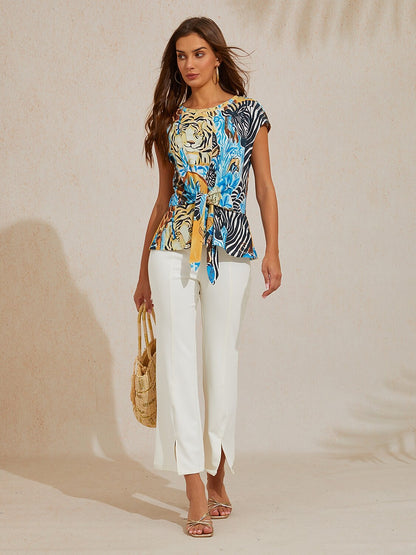 Sapphire Zebra Bloom Cotton Knit Tie Front Top