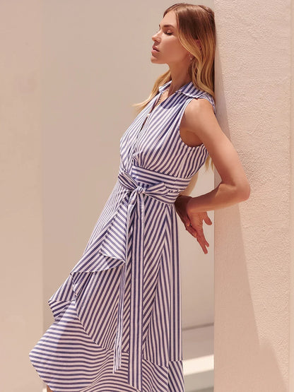 Cotton Like Stripes Print Short Sleeves Vacation Maxi Dress