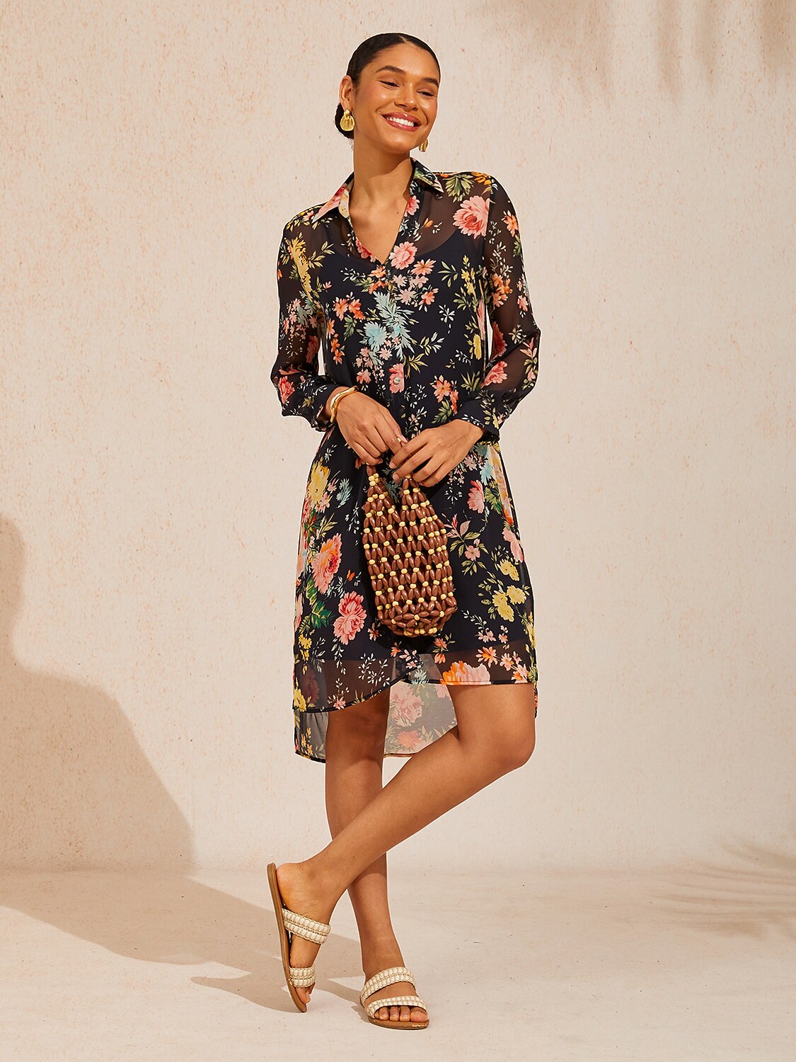 Moonlight Blossom Chiffon Shirt Dress