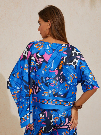 Abstract Azure  Satin Dolman Sleeve Top