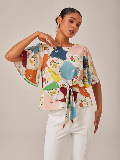 Geometric Floral Tie Front Top