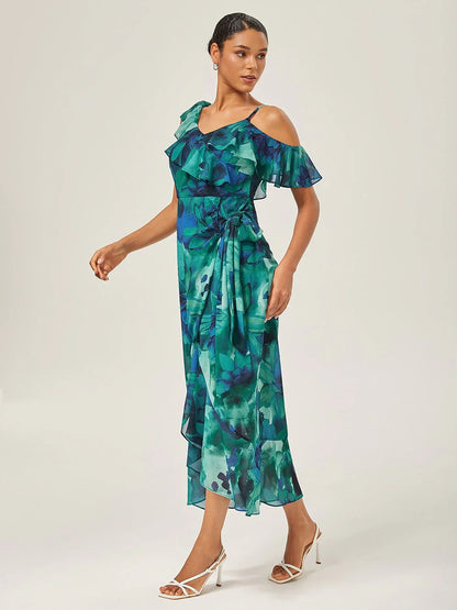 Chiffon Floral Print Ruffled Tie-Front Midi Dress