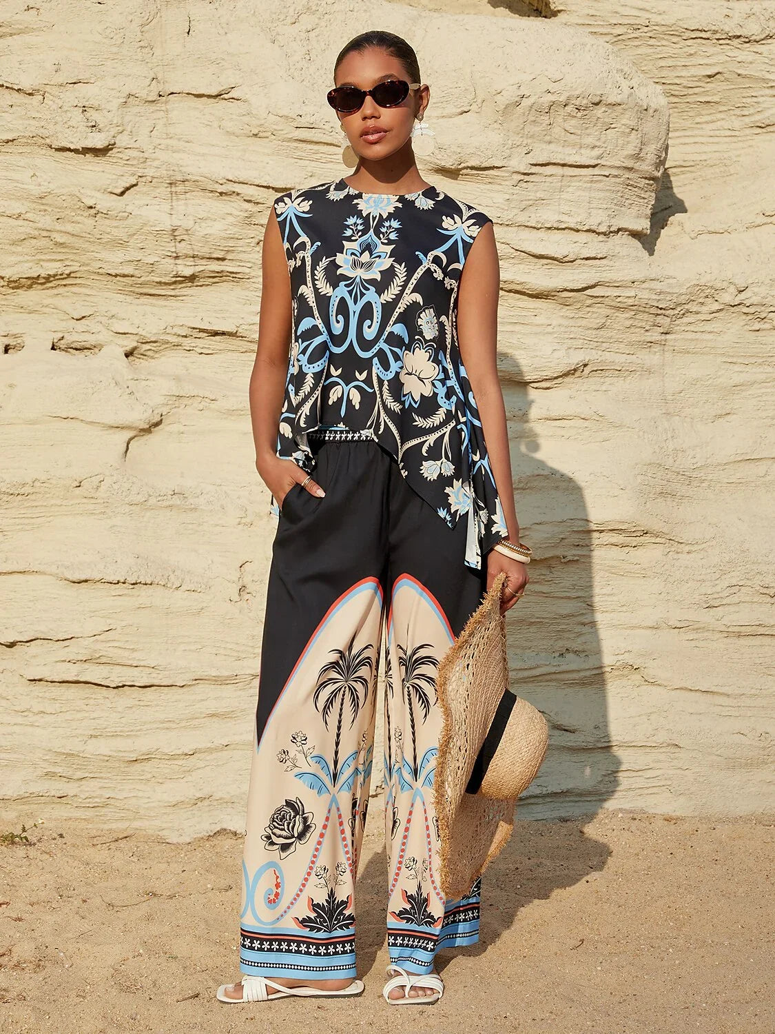 Summer Night Palm Silky Satin Vacation Top