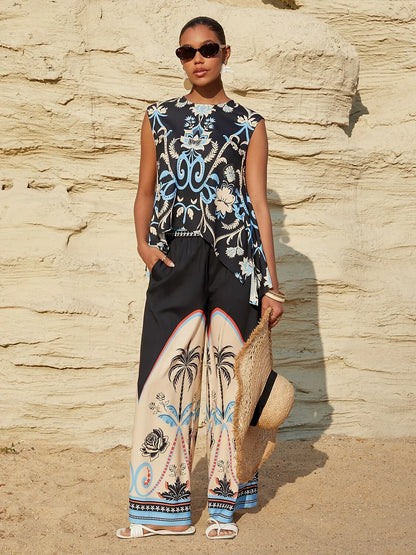 Summer Night Palm Silky Satin Vacation Top