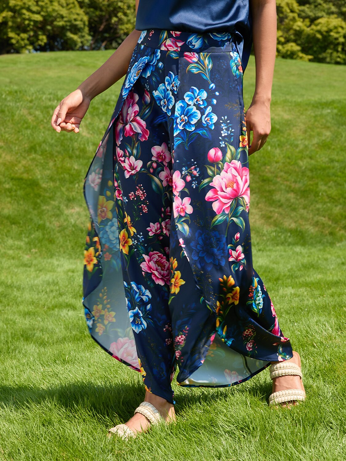 Sapphire Rose Garden Silky Satin Slit Wide Leg Pants