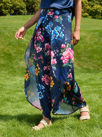 Sapphire Rose Garden Silky Satin Slit Wide Leg Pants