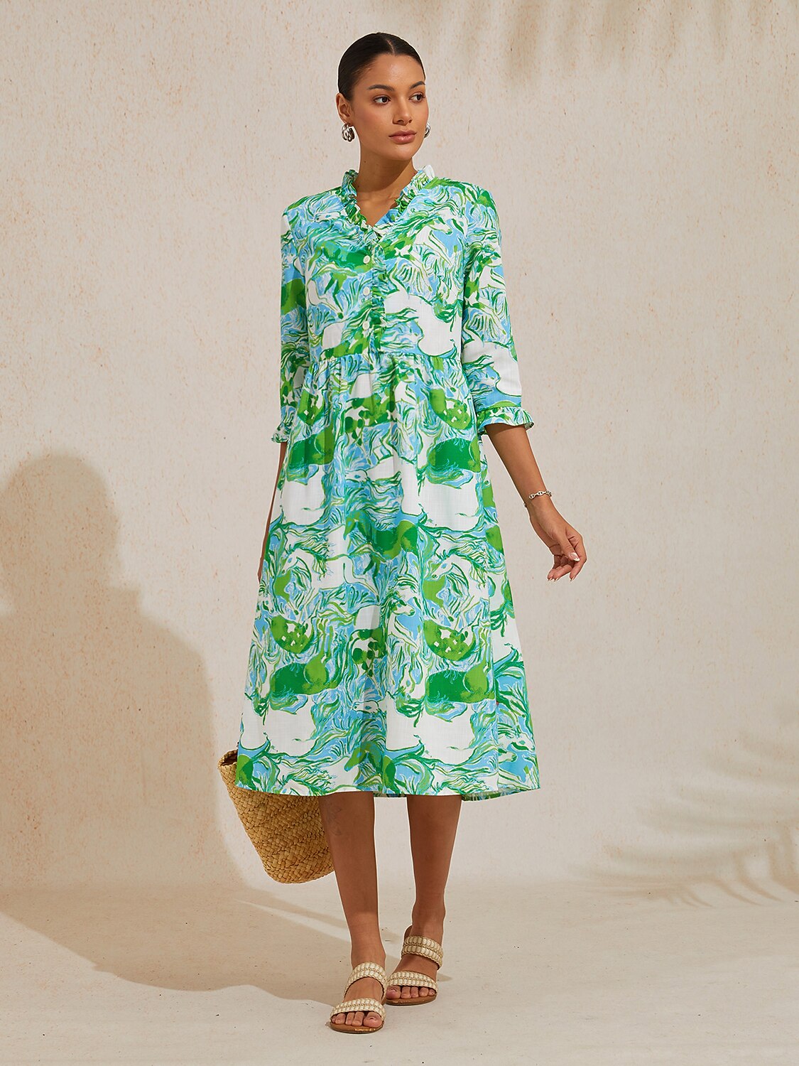 Graphic Art Mustang Linen Look Midi Dress