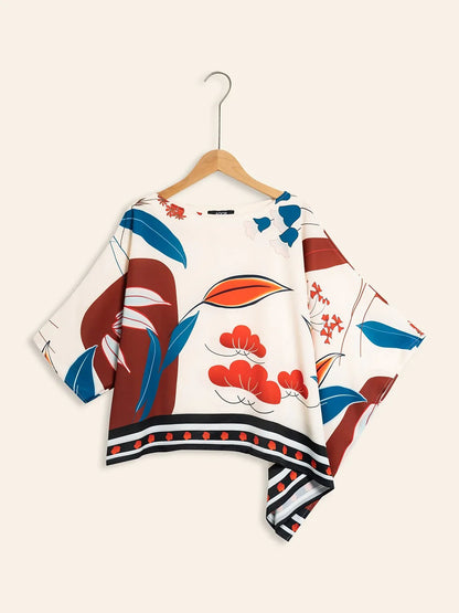 Satin Bateau Irregular Hem Magyar Sleeve Blouse