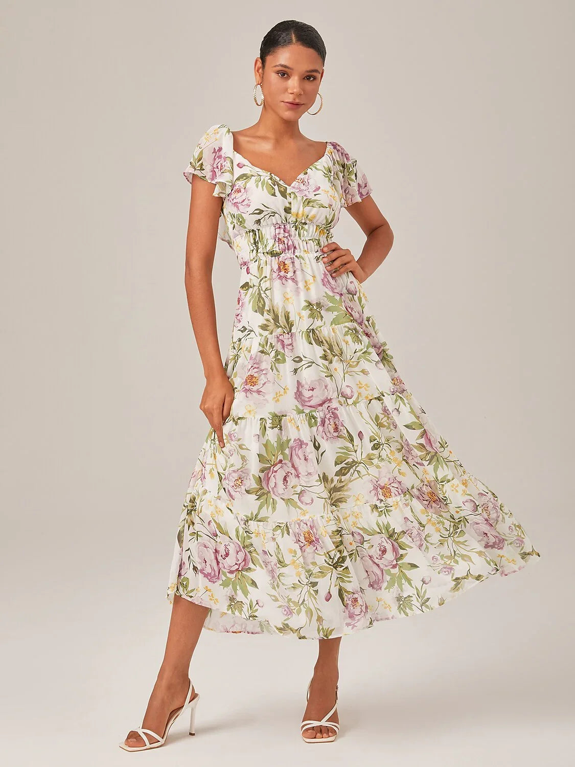 Elegant Floral Print Chiffon Flowy V Neck Backless Maxi Dress