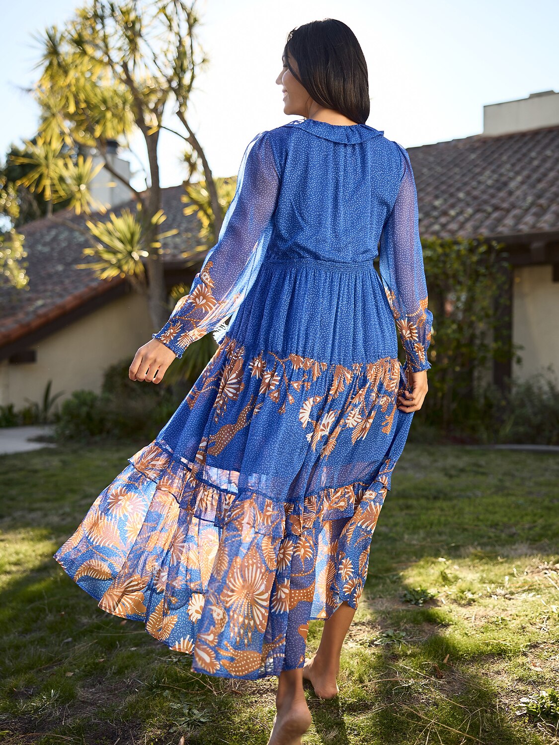 Chiffon Tropical Flowers Puff Sleeve Maxi Dress – ADOR