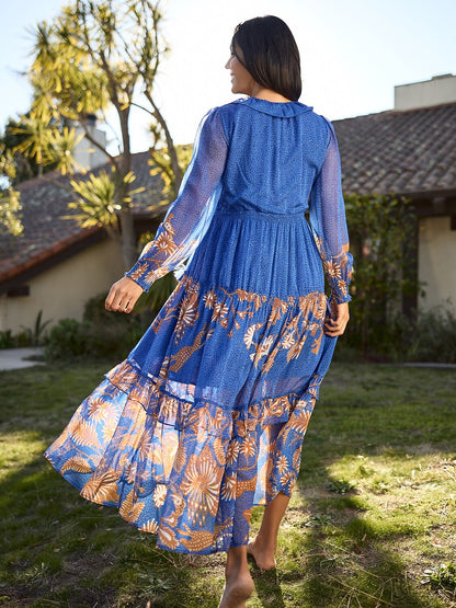 Chiffon Tropical Flowers Puff Sleeve Maxi Dress
