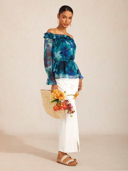 Wild Hibiscus Dream Flowy Chiffon Off-Shoulder Top