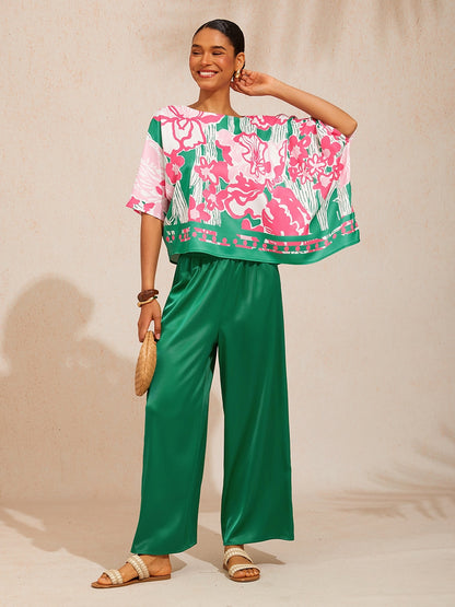 Silky Satin White Elastic Waist Wide Leg Pants