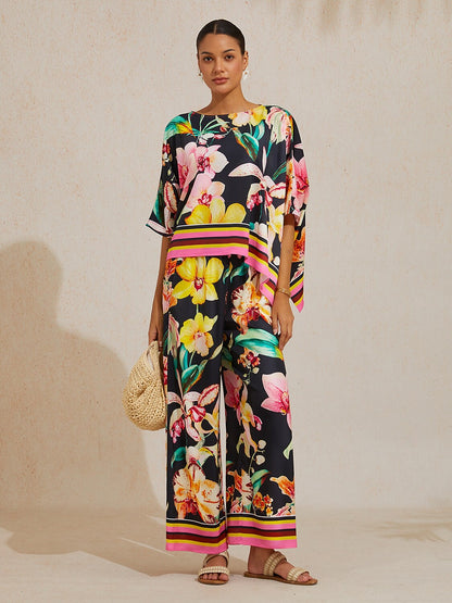 Midnight Floral Carnival Silky Satin Wide Leg Pants