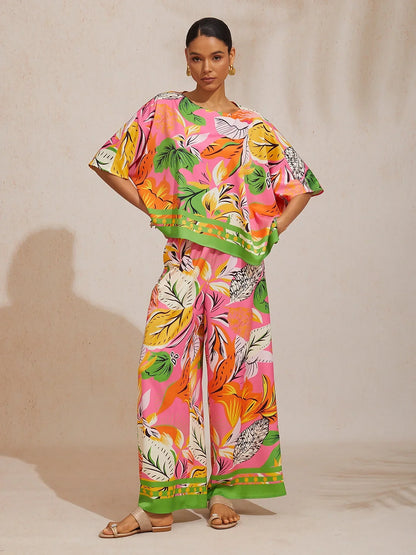 Summer Night Palm Silky Satin Wide Leg Pants