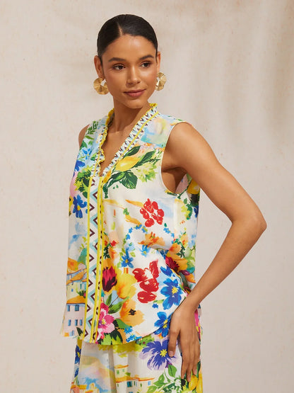 Holiday Citrus Garden Airy Linen Look Sleeveless Top