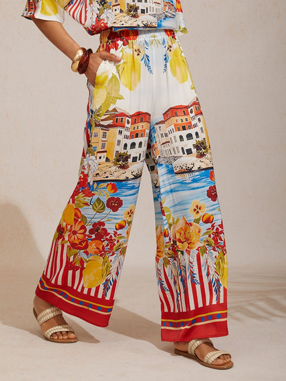 Boho Paisley Silky Satin Wide Leg Pants